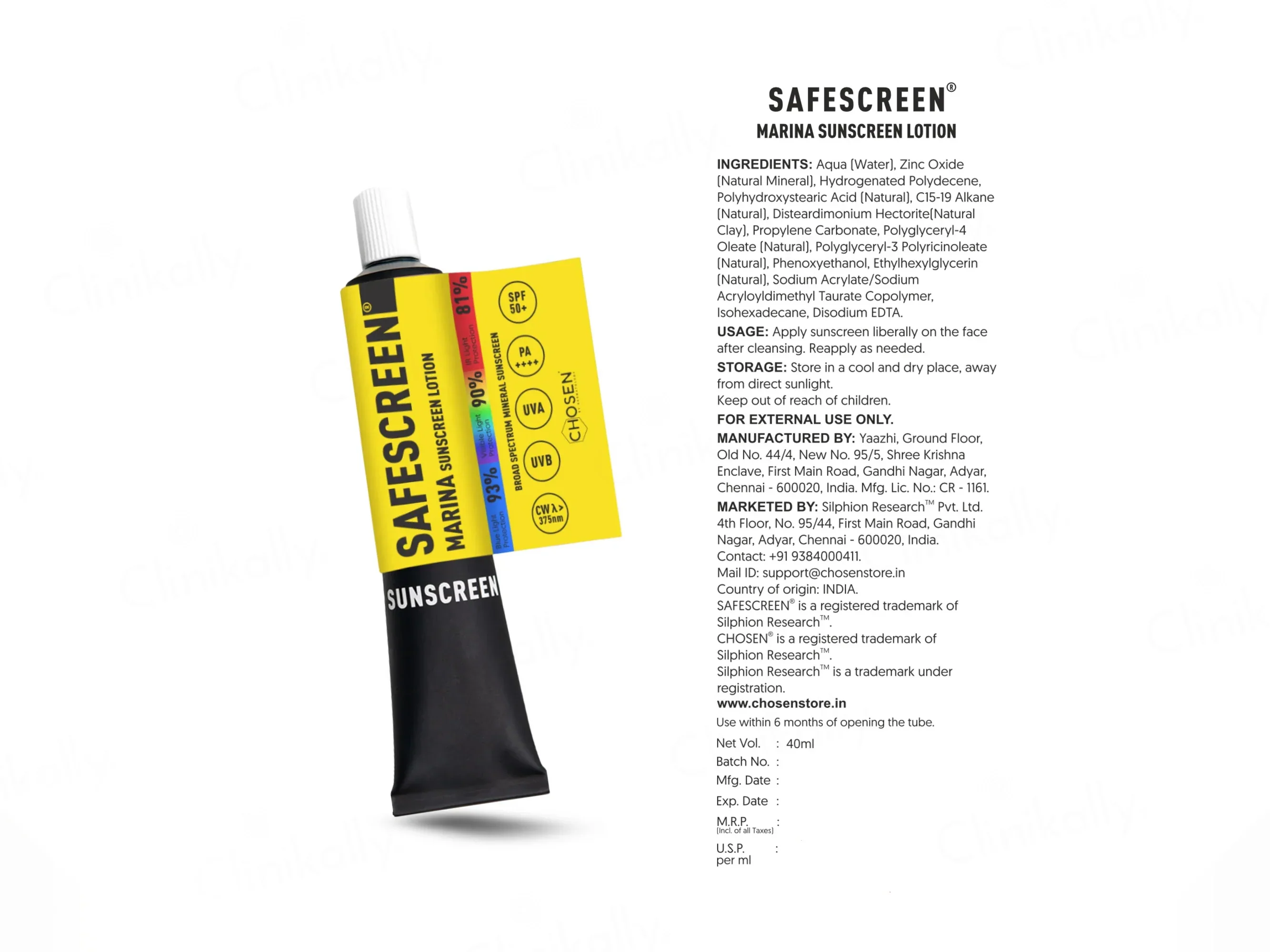 Chosen Safescreen Marina Mineral Sunscreen Lotion SPF 50+ PA++++ 40ml - Image 5