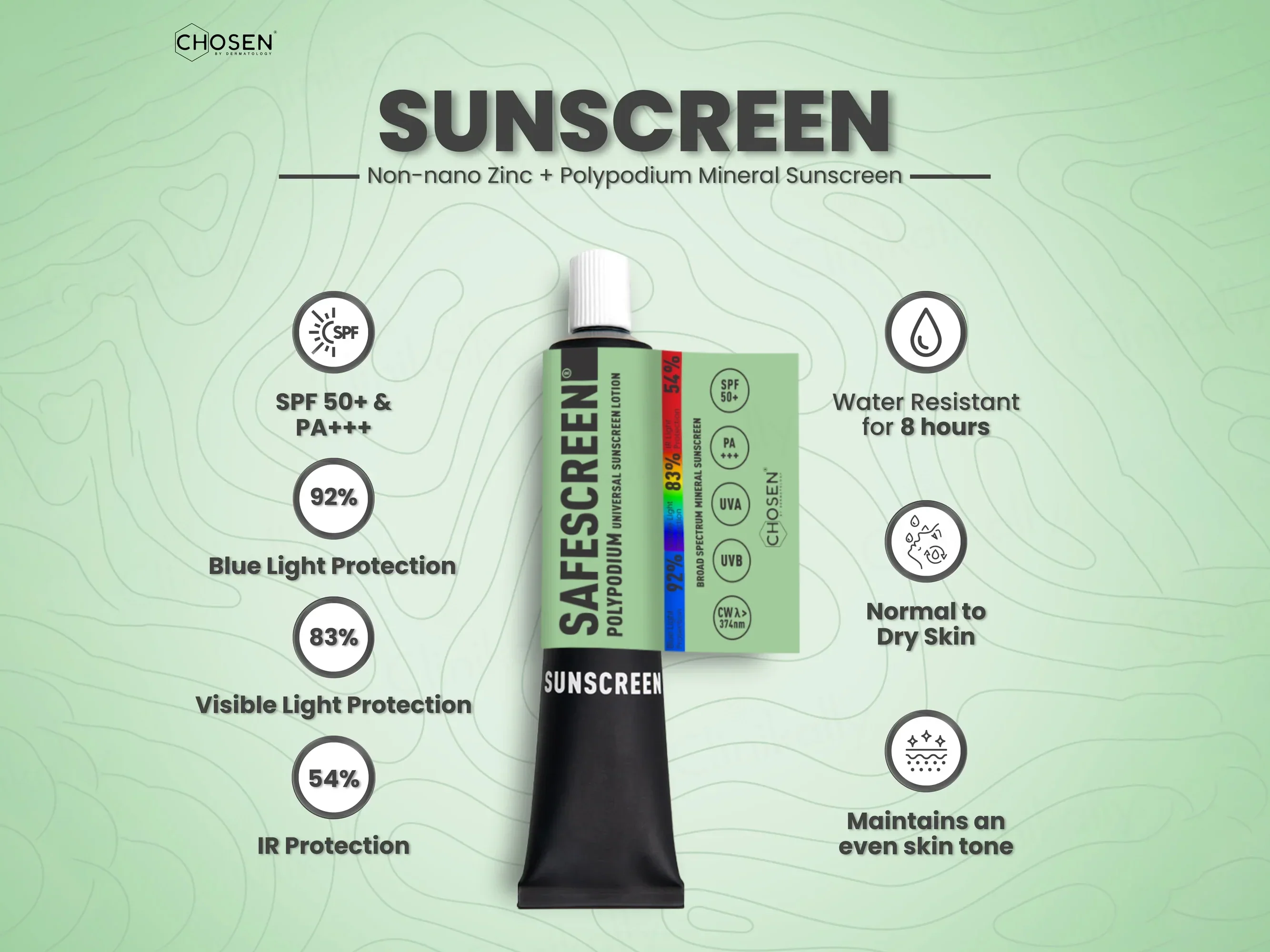 Chosen Safescreen Polypodium Universal Mineral Sunscreen Lotion SPF 50+ PA+++ 40ml - Image 4