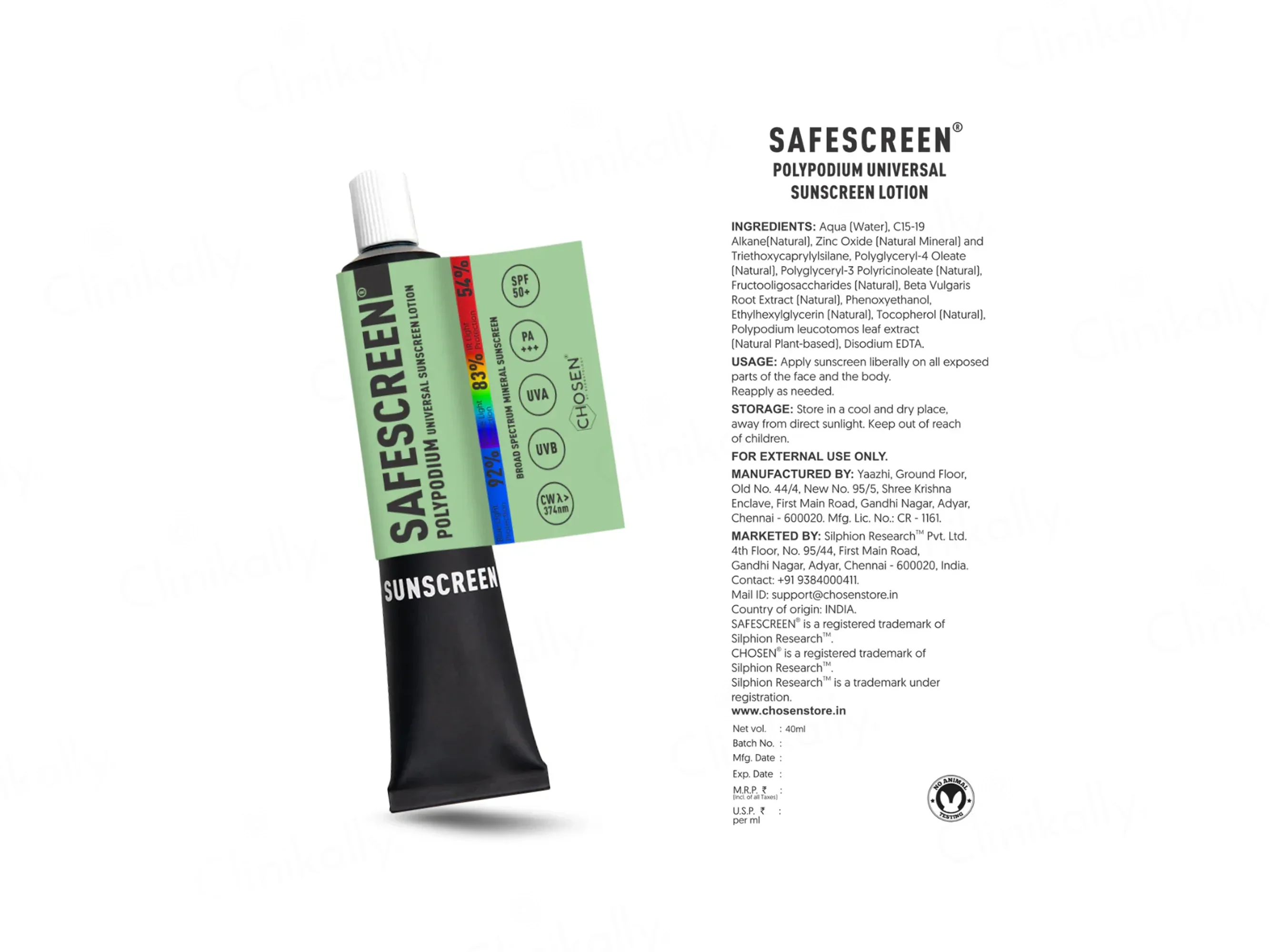 Chosen Safescreen Polypodium Universal Mineral Sunscreen Lotion SPF 50+ PA+++ 40ml - Image 5