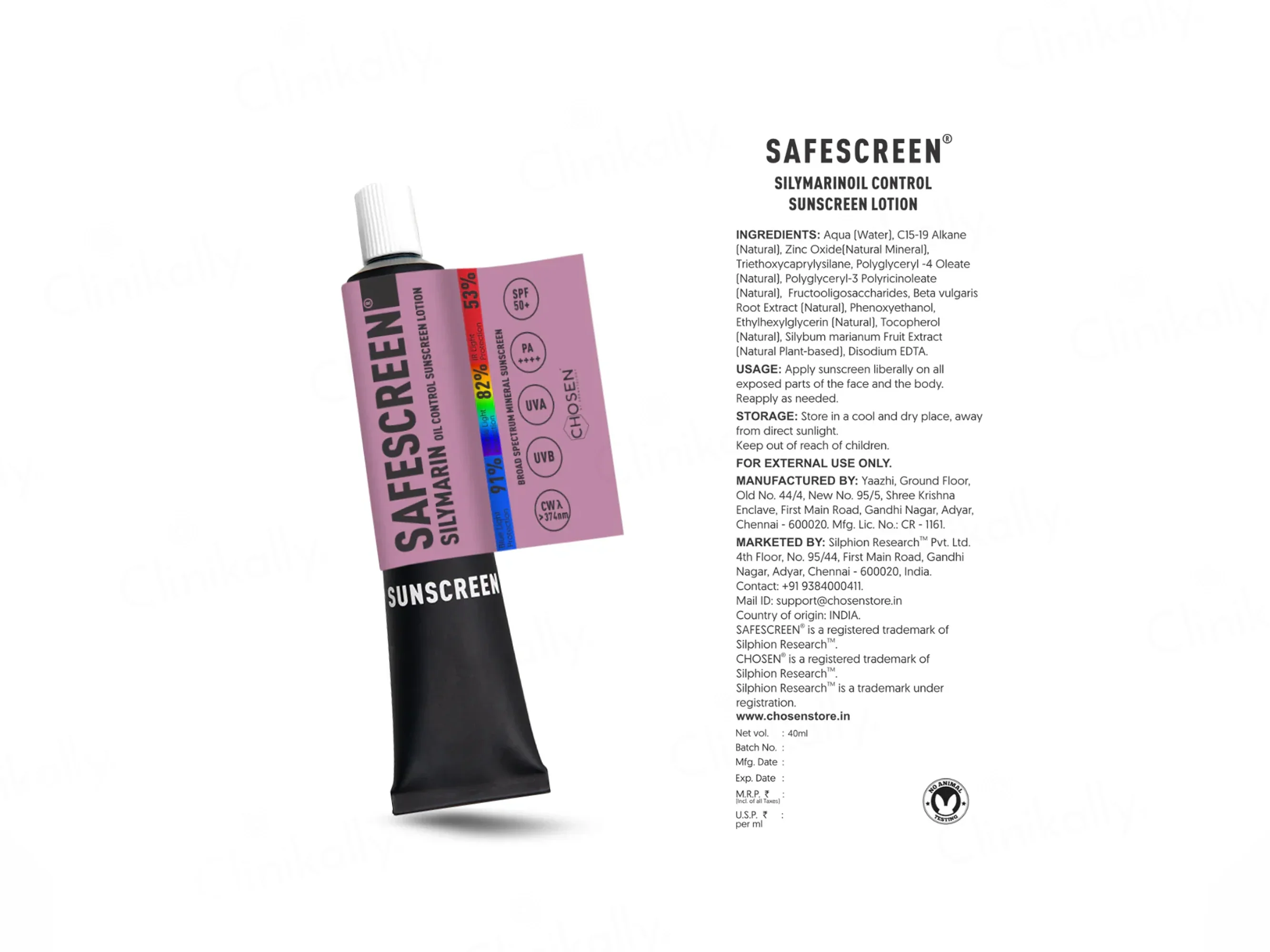Chosen Safescreen Silymarin Oil Control Mineral Sunscreen Lotion SPF 50+ PA++++ 40ml - Image 4