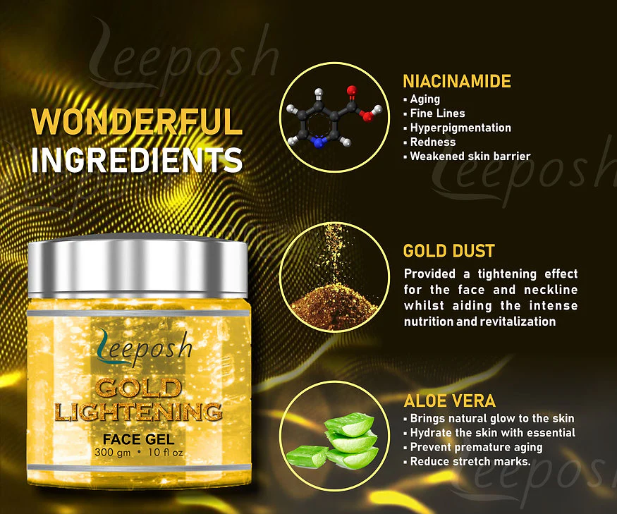 Cosderma Leeposh 24 Caret Gold Gel With Niacinamide Aloe vera Remove instant Tan & Lighten skin, 300gm - Image 4