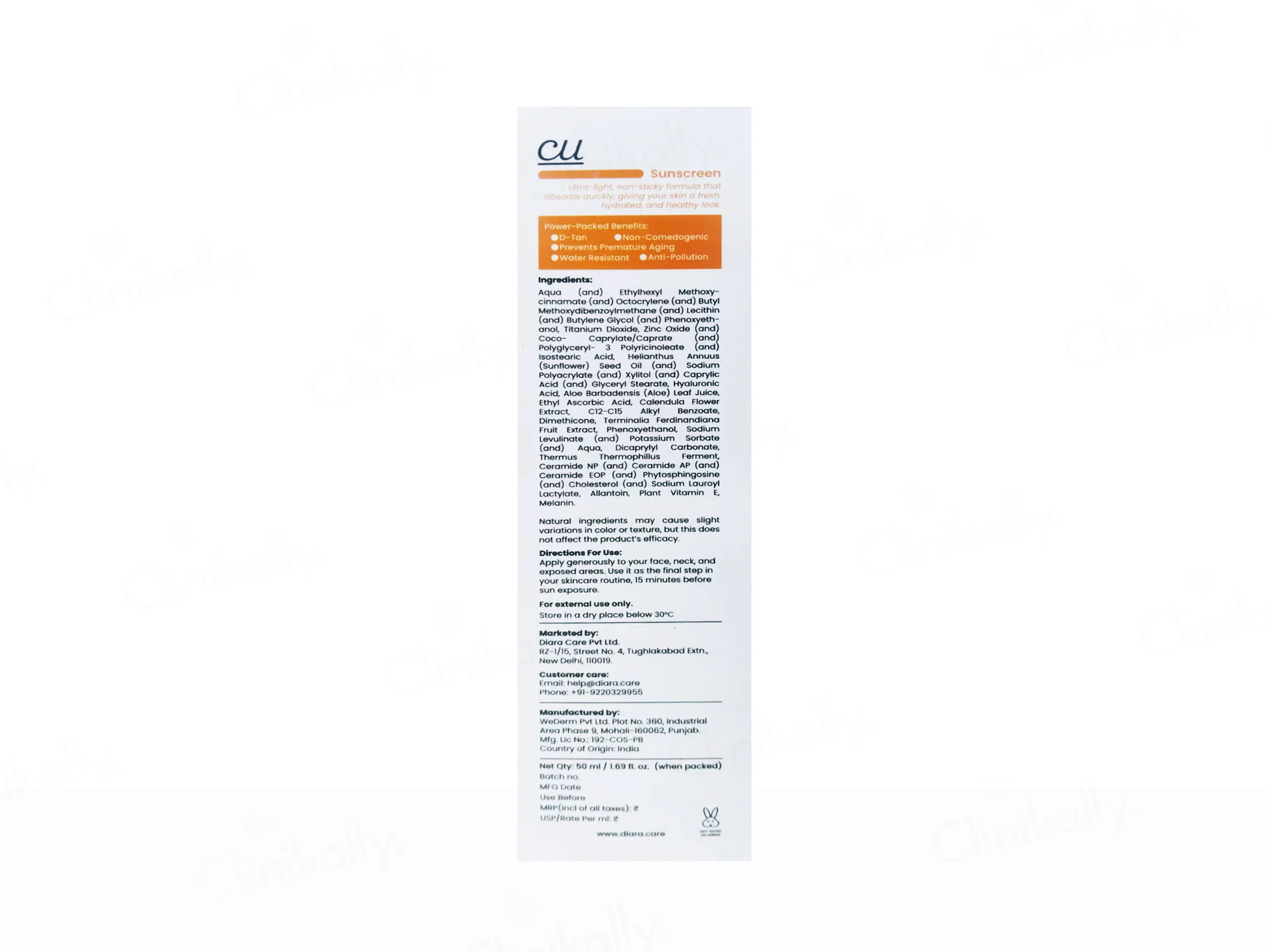 Diara CU Aqua Anti-Tan Ultra-Light Sunscreen SPF 50 PA++++ 50ml - Image 2